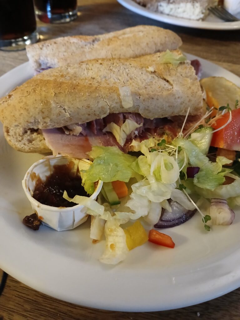 Baguette for Lunch with Salad and pickles.