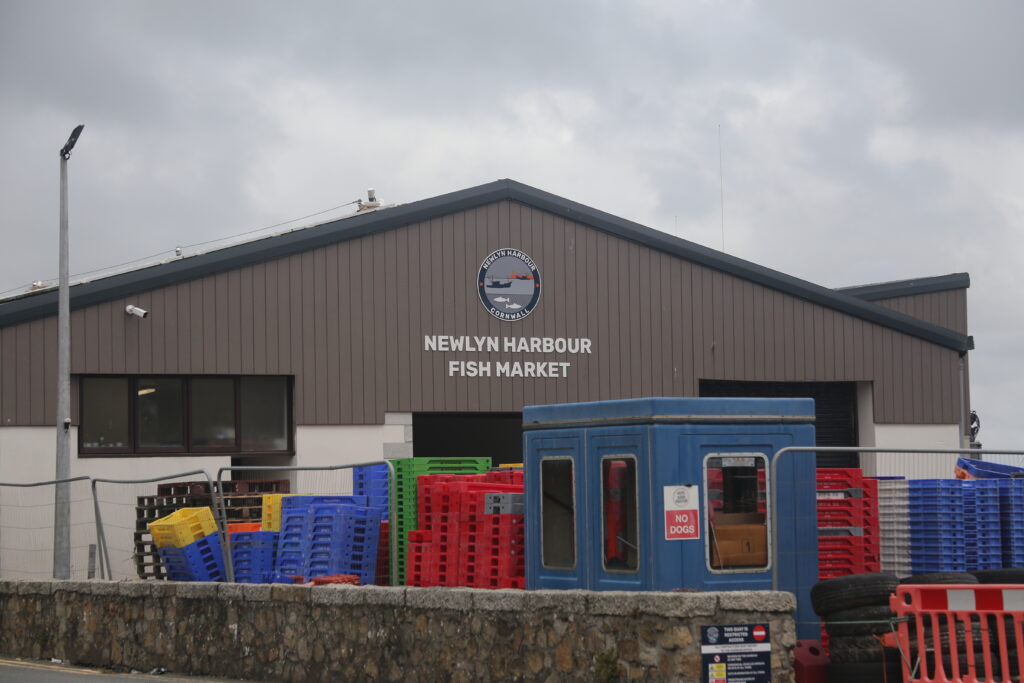 Roof of Newlyn Harbour Fish market, with crates stacked outside.